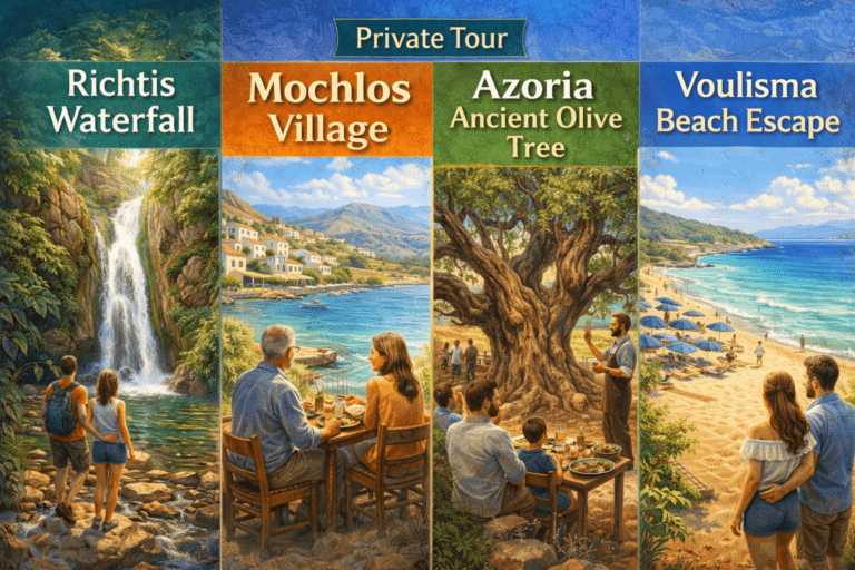 From Elounda: Private Tour | Richtis Waterfall, Mochlos Village, Azoria Ancient Olive Tree & Voulisma Beach Escape – 856303